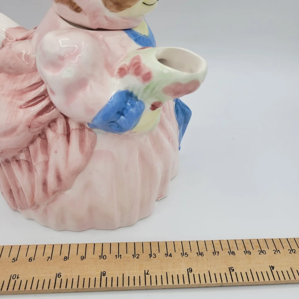 Vintage Ceramic Cat‎ Teapot Victorian Style Pink Blue Dress Collectible Decor
